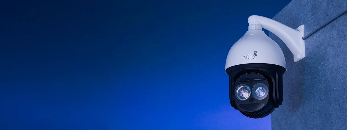Pollo PLC-9445-AI-IR80/PM 4 Megapixel 45x AI PTZ Camera (800m IR) — PTZ camera on a wall bracket lit blue at night