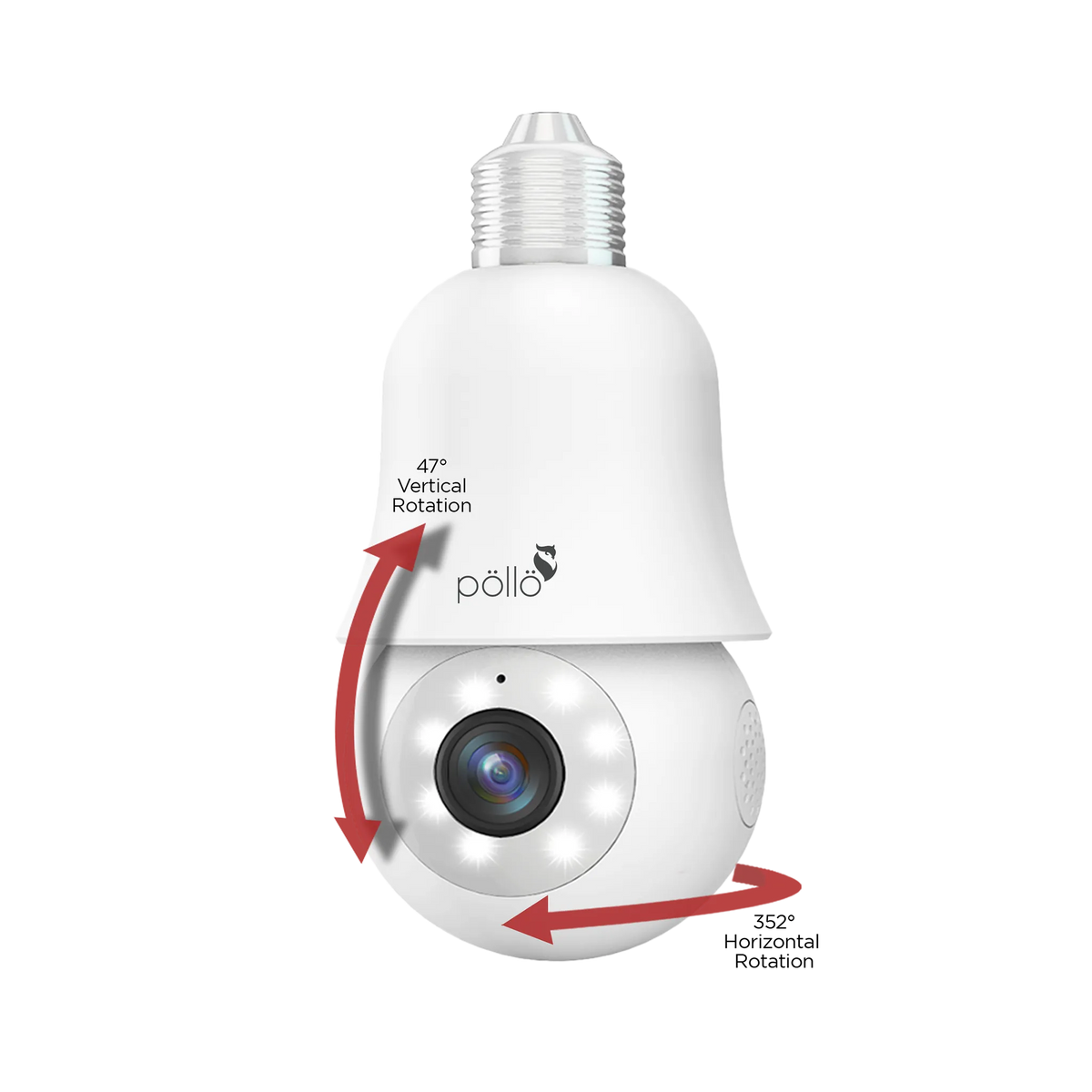 Pollo PLC-HS301B Guardian Bulb - 3MP Smart Wi-Fi Bulb PT Camera, showing its pan and tilt rotation