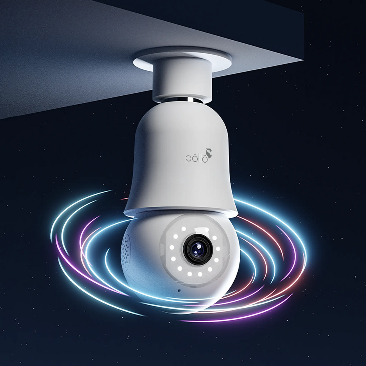 Pollo PLC-HS301B Guardian Bulb - 3MP Smart Wi-Fi Bulb PT Camera, showing its pan and tilt rotation