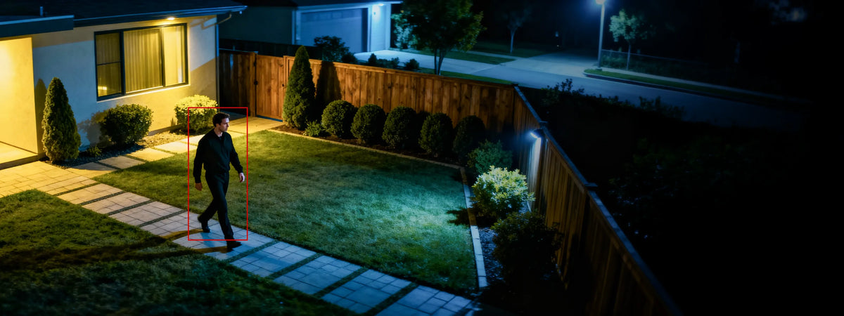 Pollo PLC-HS301B Guardian Bulb - 3MP Smart Wi-Fi Bulb PT Camera — night garden scene lit in full colour with a person walking