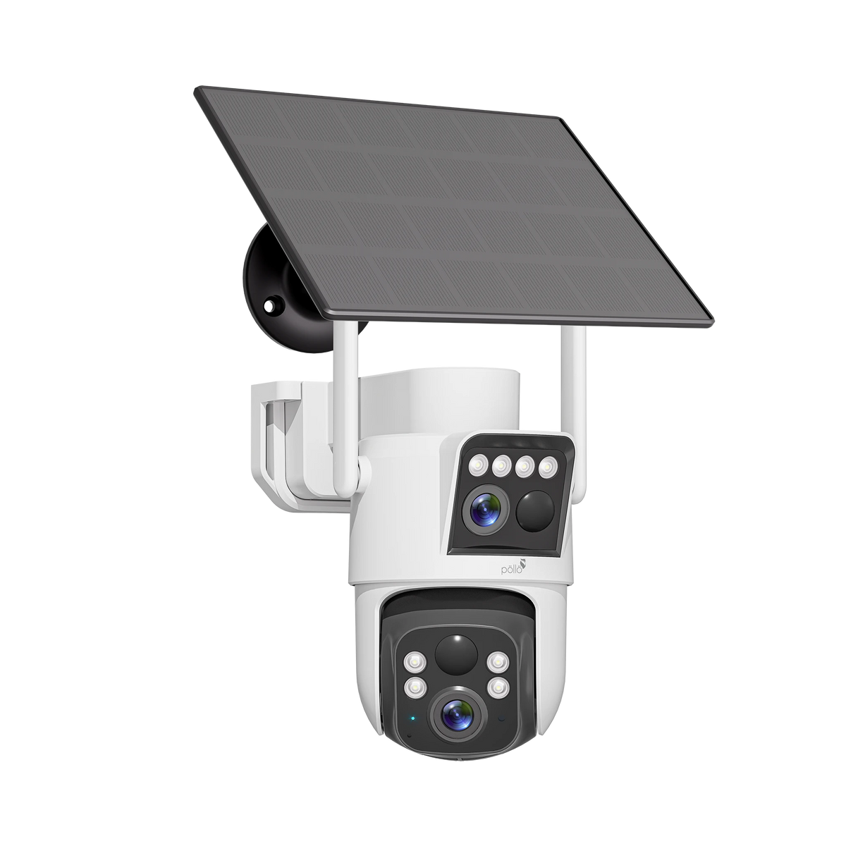 Pollo PLC-HS304-TB-DS-4G Guardian Apex 4G Pro – 2+2MP Smart 4G Dual Lens Outdoor PT Camera, with its solar panel, front view