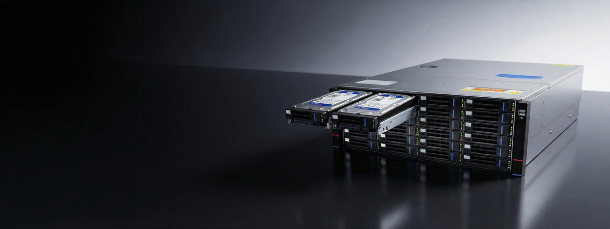 Pollo PLC-MSA510-MTSC-E All-in-One Management Server with 2-SATA — rack-mounted storage server with its drive bays open