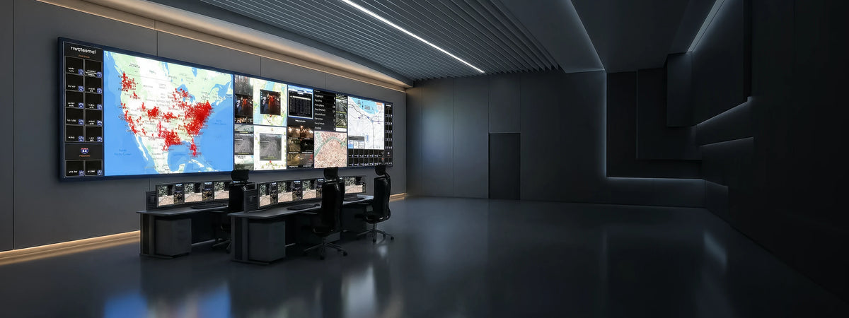 Pollo PLC-SS324E-E 24-SATA Storage Server — control room with a large video wall and operator desks