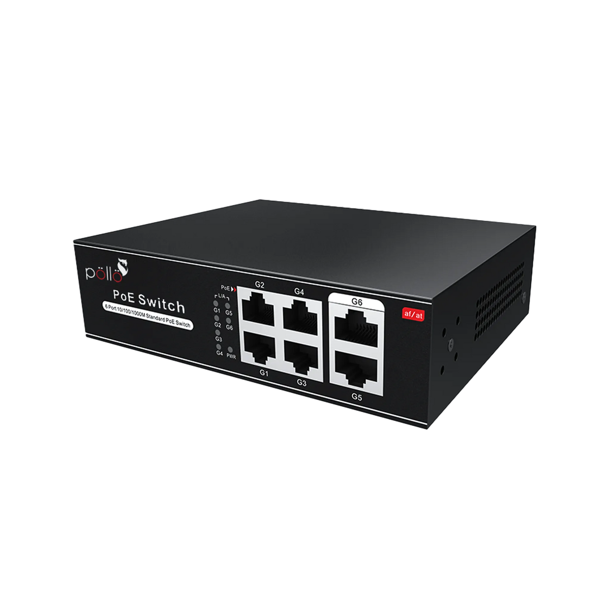 Pollo PLN-1104GB 6-Port Gigabit PoE Network Switch, angled front view (second view)