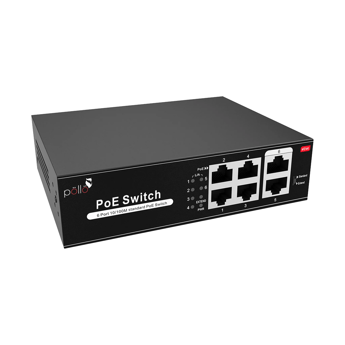 Pollo PLN-1104MB 6-Port Megabit PoE Network Switch, angled front view (second view)