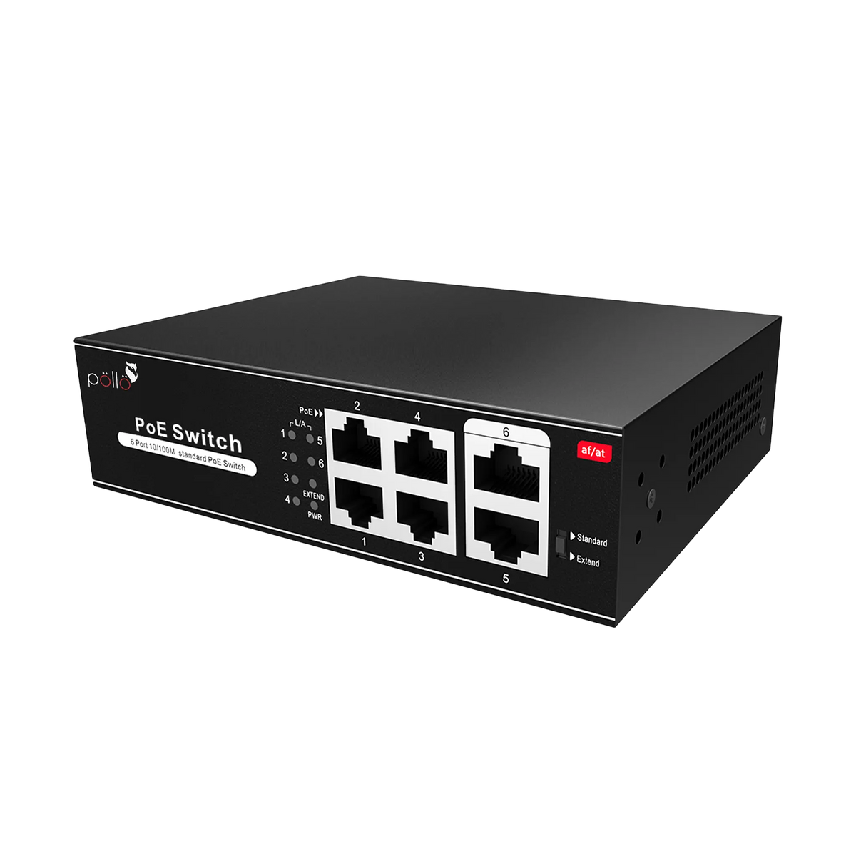 Pollo PLN-1104MB 6-Port Megabit PoE Network Switch, angled front view