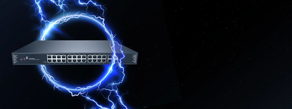 Pollo PLN-1108GB-SFP 12-Port Gigabit PoE Network Switch with Gigabit Uplink & 2 SFP — PoE network switch with an electrical arc illustrating power delivery
