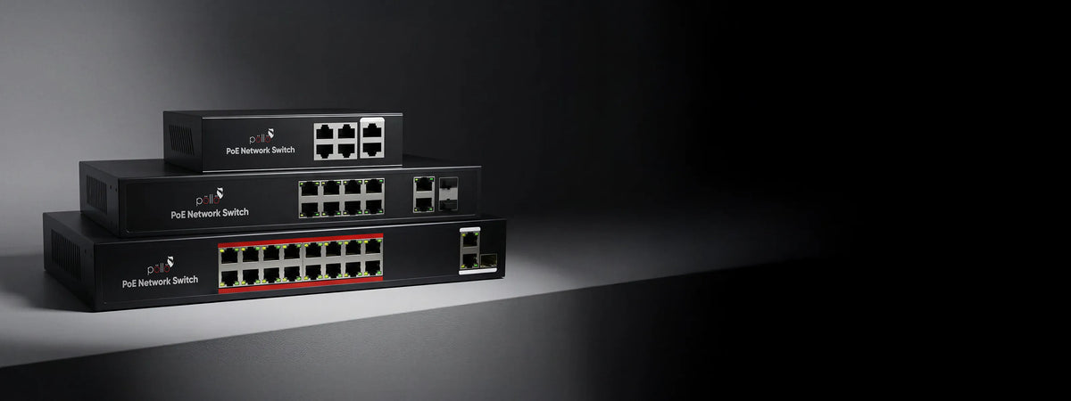 Pollo PLN-1108GB-SFP 12-Port Gigabit PoE Network Switch with Gigabit Uplink & 2 SFP — three PoE network switches stacked on a dark surface