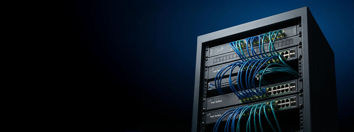 Pollo PLN-1108GB-SFP 12-Port Gigabit PoE Network Switch with Gigabit Uplink & 2 SFP — network rack with patch cables and PoE switches