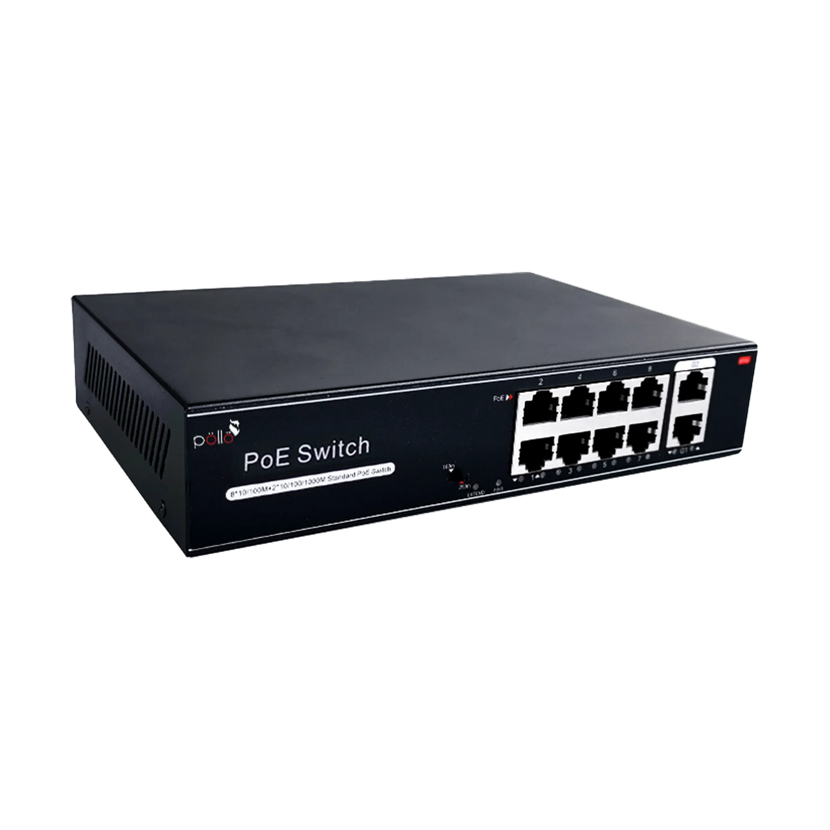Pollo PLN-1108MGB 10-Port Megabit PoE Network Switch with Gigabit Uplink, angled front view