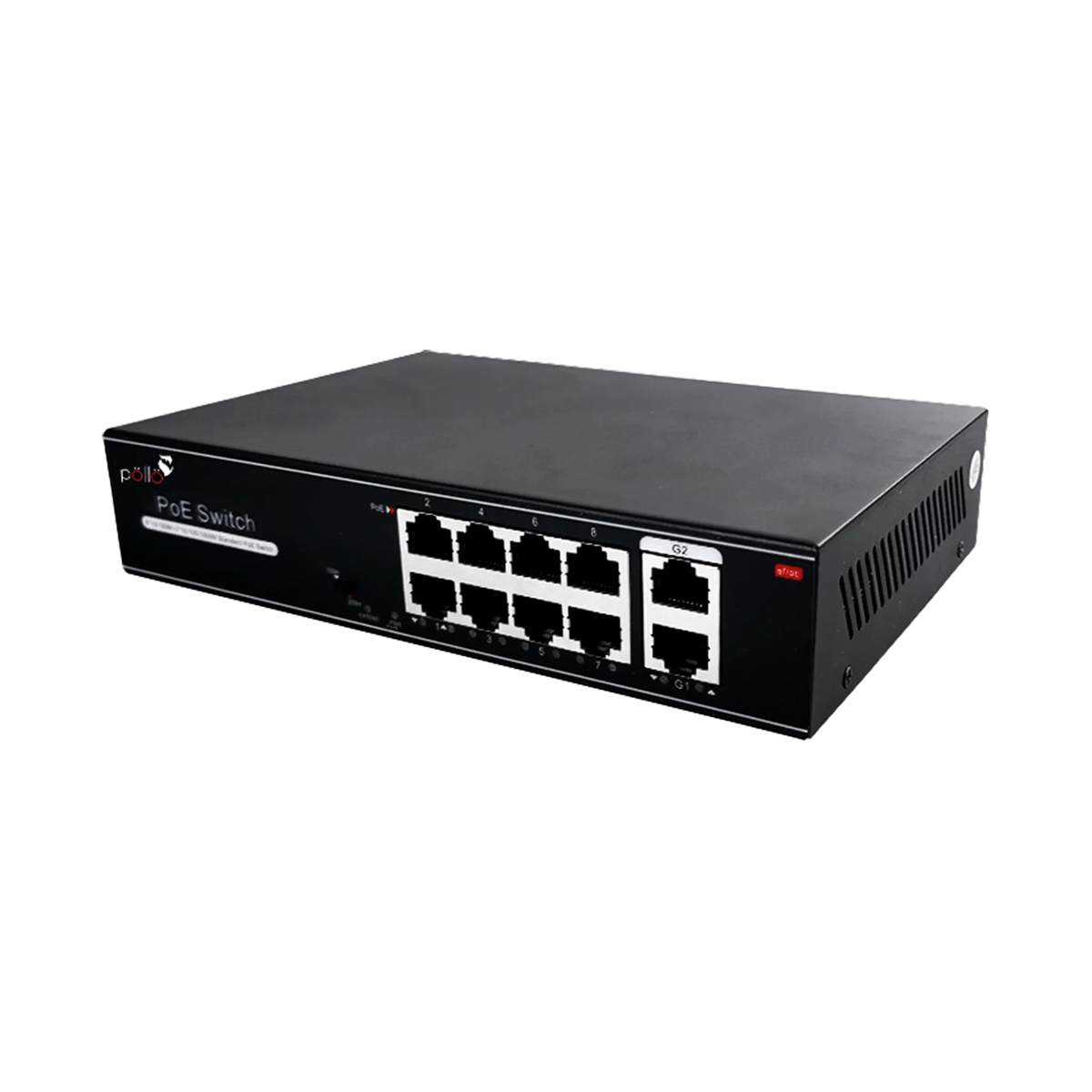 Pollo PLN-1108MGB 10-Port Megabit PoE Network Switch with Gigabit Uplink, angled front view (second view)