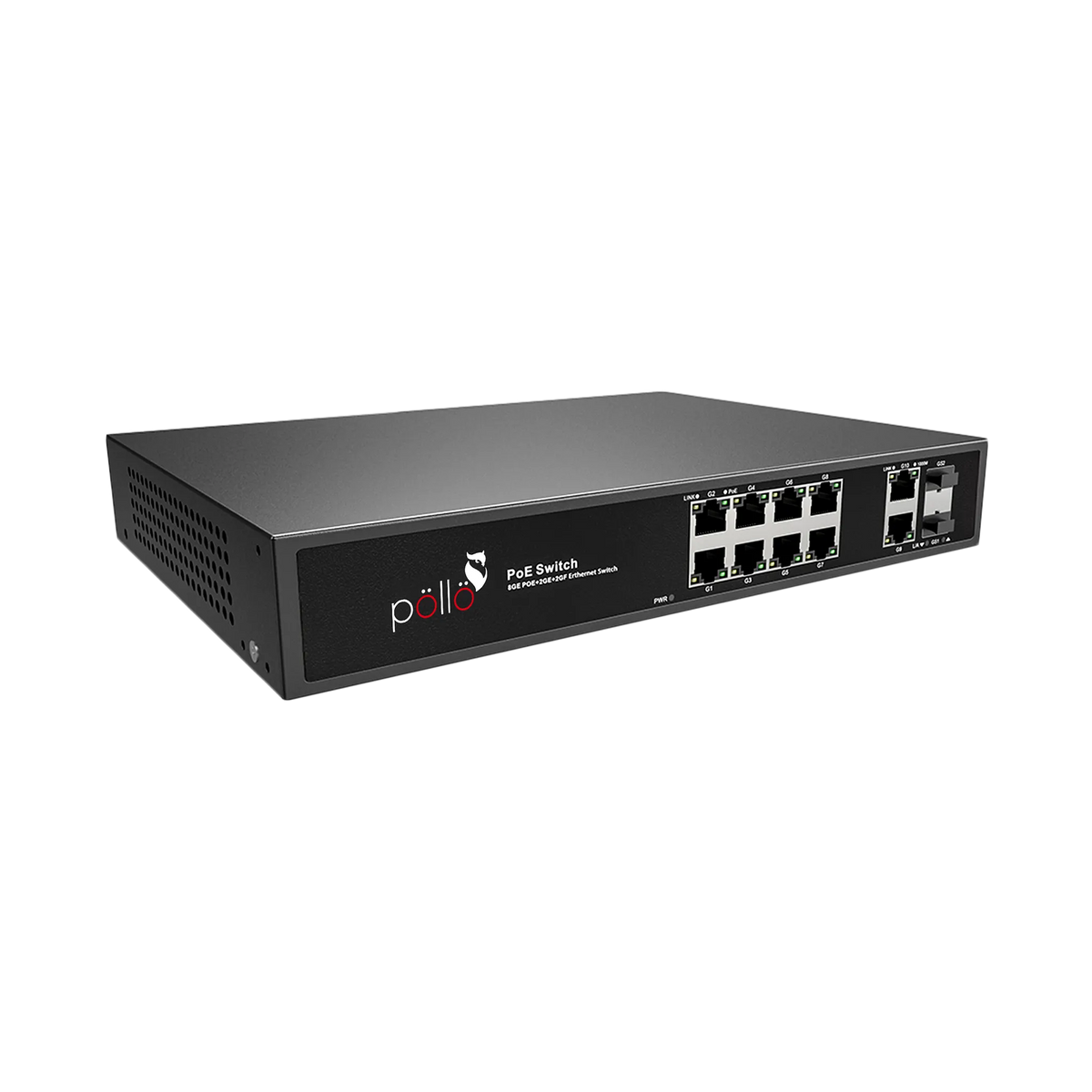 Pollo PLN-1108MGB-SFP 12-Port Megabit PoE Network Switch with Gigabit Uplink & 2 SFP, angled front view