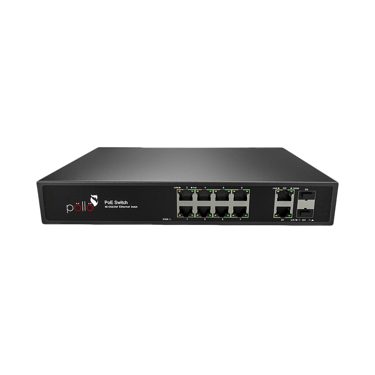 Pollo PLN-1108MGB-SFP 12-Port Megabit PoE Network Switch with Gigabit Uplink & 2 SFP, front view