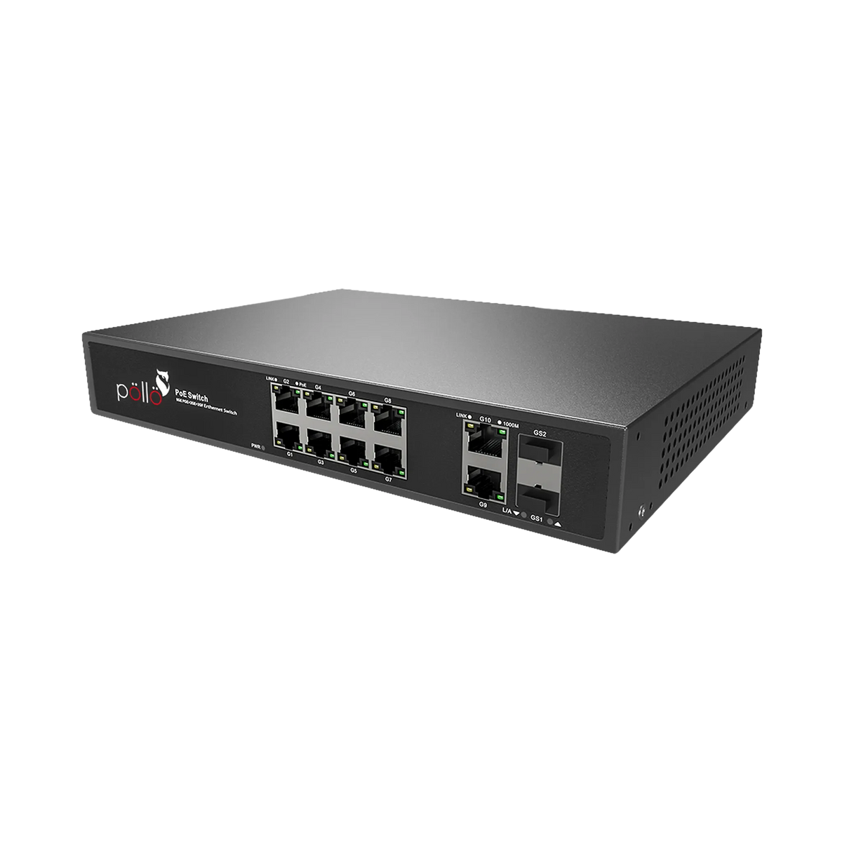 Pollo PLN-1108MGB-SFP 12-Port Megabit PoE Network Switch with Gigabit Uplink & 2 SFP, angled front view