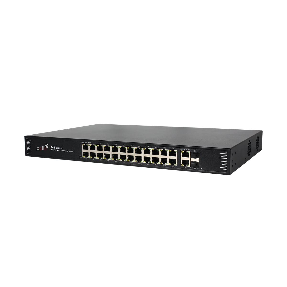 Pollo PLN-1124GB-SFP 28-Port Gigabit PoE Network Switch with 2 SFP, angled front view